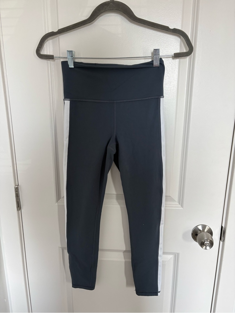 Athleta Charcoal Gray Leggings with White Side Stripe